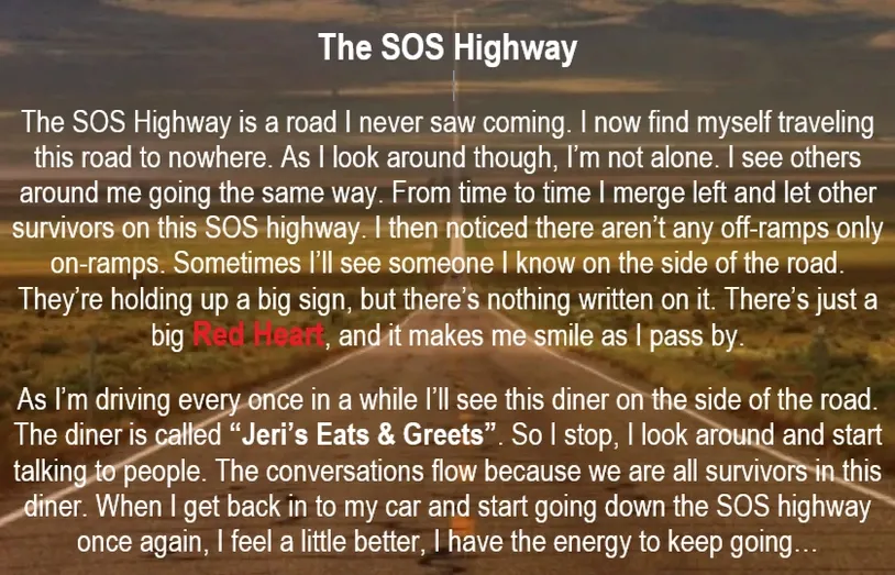 The SOS Highway text illustration with a road at sunset and reflective poem text