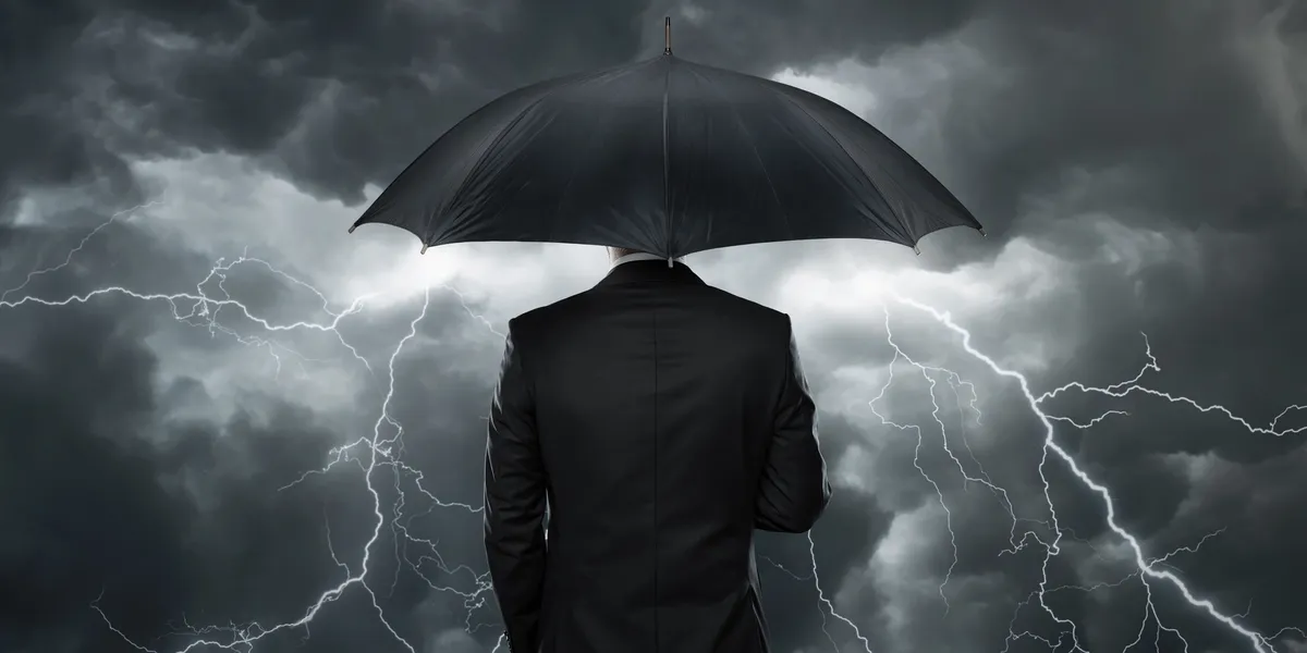 Person holding a black umbrella beneath a stormy sky with lightning