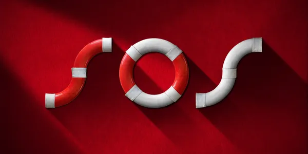 SOS graphic in red and white on a red background